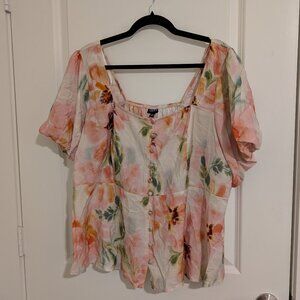 Torrid Washed Florap Peplum Square Neck Top Size 2XL Puff Sleeve Blouse